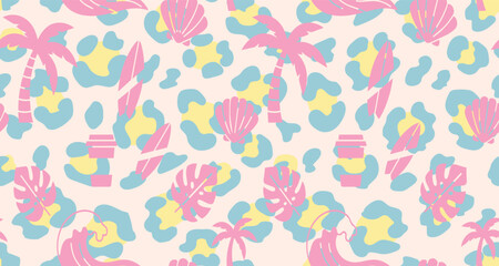 Summer with Leopard Print seamless pattern background.  palm tree, surfboard, coffee Shell together color pattern design. women's print design. vintage retro beach graphic tee.