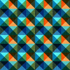 Textured Seamless Diagonal Diamond Geometric Pattern: Woven Fabric in Rustic Colors including Forest Green, Teal Blue, and Burnt Orange.