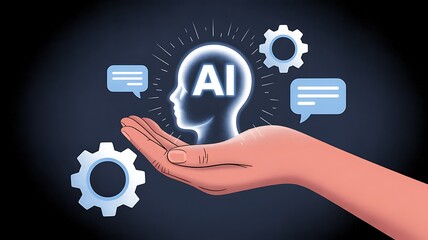 A symbolic illustration of artificial intelligence concept represented by a glowing brain held in a hand surrounded by gears and communication symbols