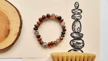 Artistic Still Life Composition Featuring a Beaded Bracelet, Wood Slice, and Brush Alongside a Stone Cairn Drawing on Cream Paper