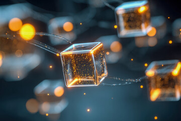 Glowing futuristic transparent cubes connected by delicate filaments with floating particles in a dark atmospheric setting for technology concept
