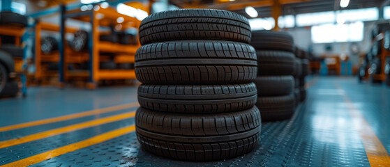 Shelves with neat stacks of black tyres in a car repair shop emphasise the industrial theme, serving as a reliable backdrop for advertising car services or selling spare parts.