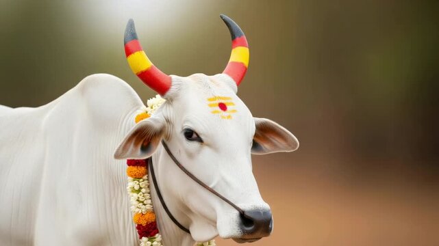 A white decorated Pongal cow with vibrant red and yellow painted horns and a marigold garland standing in a soft rural background for harvest celebration, makar sankranti and lohri with copy space