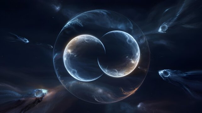 Abstract representation of two luminous spheres, possibly cells or celestial bodies, connected within a swirling, dark energy field, symbolizing division