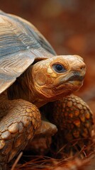 Obraz premium Majestic ancient reptile with textured shell and wise gaze, capturing the timeless beauty of a tortoise in its natural, earthy environment with intricate details.