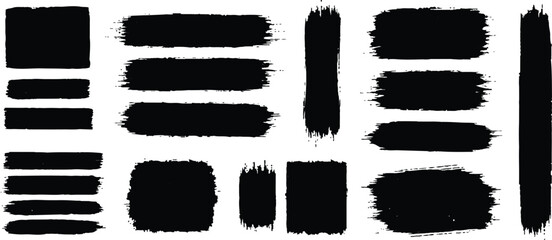 Black grunge brush strokes and textures. Vector grunge brush strokes and paint marks in black and white background. Collection of black ink grunge brush stroke elements for artistic design projects. 