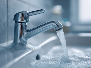 Modern chrome faucet with water flowing into a foam-filled bathroom sink in a bright and clean setting showcasing hygiene and plumbing fixtures