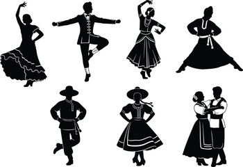 Silhouette of folk dancers in traditional costumes, black figures in expressive poses, cultural celebration, regional attire, heritage movement