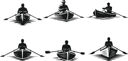 Silhouette of people rowing boats, black figures in motion, water activity, traditional transport, solitude, travel, outdoor lifestyle, symmetry © MstSuborna