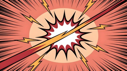 Dynamic comic book style explosion or impact with lightning bolts and radial lines, depicting a powerful burst of energy and action