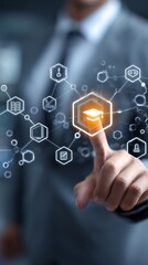 Innovative digital learning platform connecting knowledge, technology, and education through interactive virtual interface and interconnected hexagonal icons