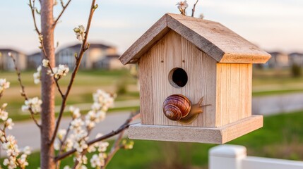 Small garden snail slowly climbs onto the exterior of a wooden nesting box attached to a blooming spring tree.