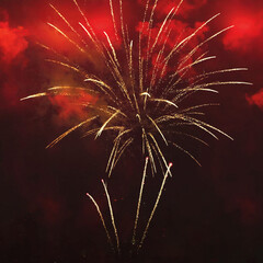 Vibrant golden fireworks burst against a dramatic red night sky with soft smoke. A high-energy, festive background perfect for holiday celebrations, luxury events, and explosive creative designs