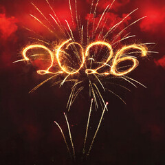 Golden 2026 sparkler typography over a vibrant red sky with bursting fireworks. A dramatic and energetic concept for New Year celebrations, holiday promotions, and upcoming annual events.