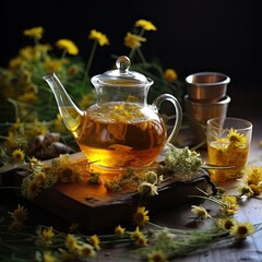 Photo of a cup and teapot of herbal tea with chamomile on a wooden table.
