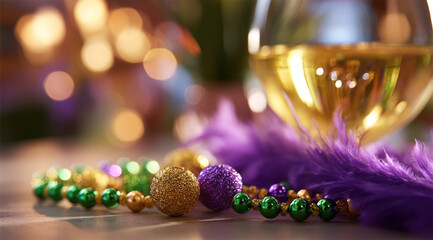 Mardi Gras carnival concept, Mardi Gras feather backdrop and a glass of wine.