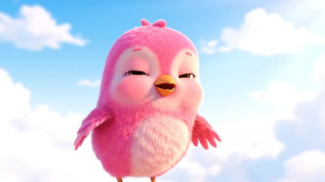 Adorable Pink Cartoon Bird in the Sky with Clouds - Cute Animated Character.