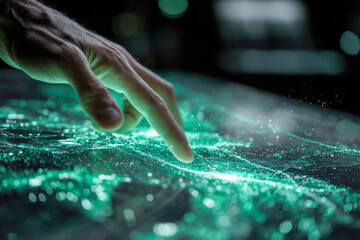 Human finger interacting with futuristic glowing digital interface displaying data streams and virtual network connections in dark setting