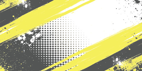 Abstract grunge background with dynamic yellow and grey brush strokes and halftone effect