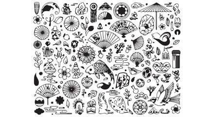 Black and white illustration of various objects with intricate patterns and designs background