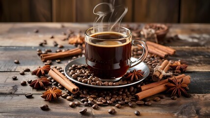 Aromatic steaming black coffee in a glass cup, with roasted coffee beans, cinnamon sticks, and star anise on a rustic wooden table