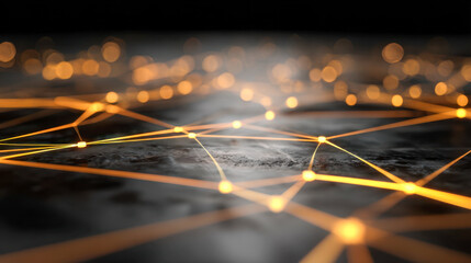 Glowing network connections represented by illuminated orange nodes and lines creating a digital communication web in a dark blurred environment background