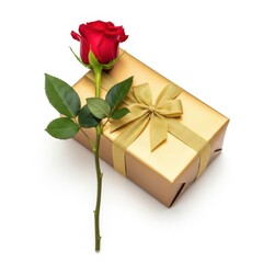 Beautiful red rose with gold gift box