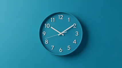 A minimalist teal wall clock with white numbers and hands showing time on a matching blue background.