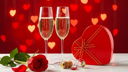 Romantic valentine s day setup with champagne glasses heart shaped box and rose