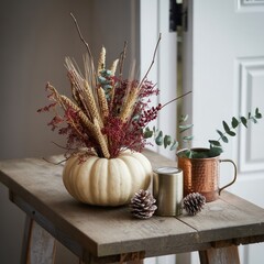 Autumn Table Decor with White Pumpkin and Eucalyptus