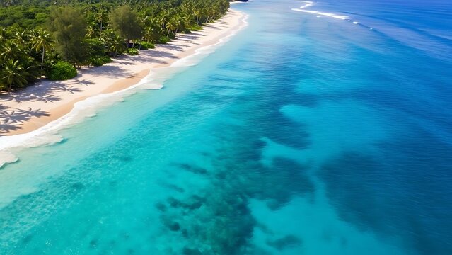 A picturesque aerial view of a pristine beach, revealing crystal-clear turquoise waters lapping onto a sandy shore. Lush green trees line the coast. The scene is both serene and inviting.