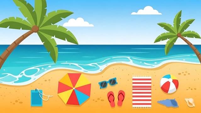 A vibrant beach scene with palm trees, sun, sea and accessories. The scene exudes relaxation, recreation and enjoyment