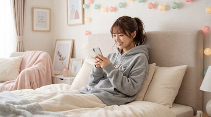 自宅でスマートフォンを見る女性