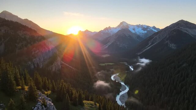 Golden Hour Mountain Valley with Winding River and Majestic Peaks perfect for website banner, travel brochure, nature magazine, blog header, background image,