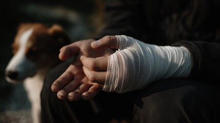Person sits with injured hand wrapped in bandages next to a dog in a natural setting during a sunny day