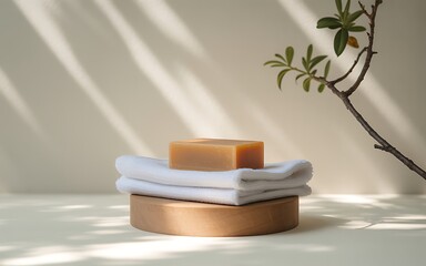 A minimalist spa inspired scene featuring a bar of soap on stacked white towels with decorative natural elements and soft lighting