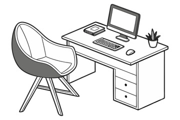 modern workspace chair desk computer clean office setup on white background