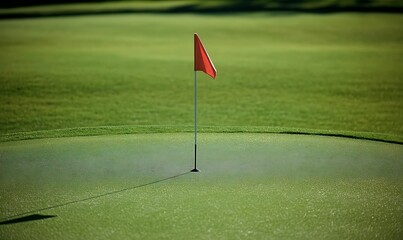 Obraz premium Green grass field with red flag and hole in golf course on summer time