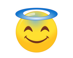 High quality emoticon angel on white background vector. Emoji Smiling Face With Halo. A yellow face smiling, closed eyes