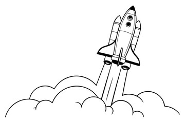 Rocket spaceship launching into space isolated on white background