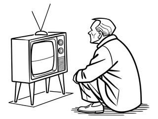 Senior man relaxing while watching television at home isolated on white background