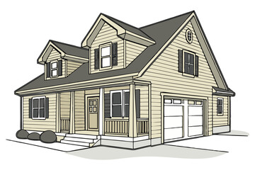 Modern family home with garage real estate concept on white background