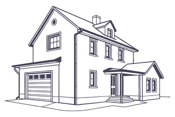 Single family house with garage suburban living isolated on white background