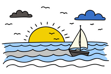 Romantic sea sunset with sailboat silhouette isolated on white background