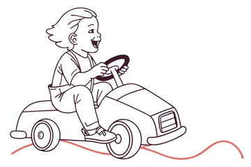 Toddler riding toy car playful childhood isolated on white background