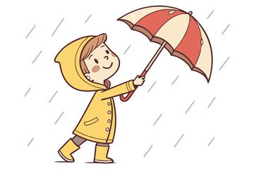 Child wearing rain gear with umbrella rainy day isolated on white background