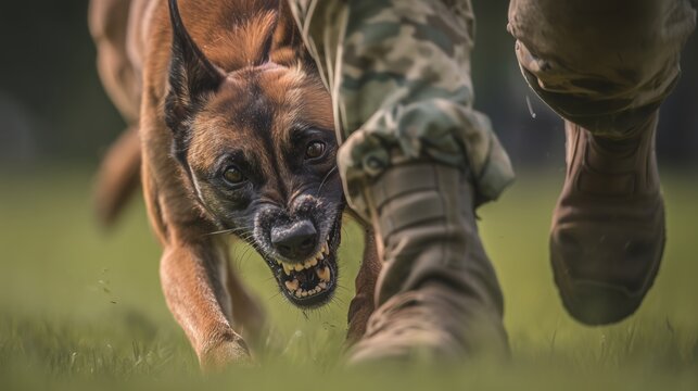 Soldier trains with dog in outdoor field during military exercise in daytime
