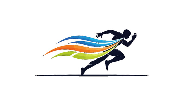 Dynamic silhouette of a male runner sprinting with abstract colorful speed lines on an isolated white background.