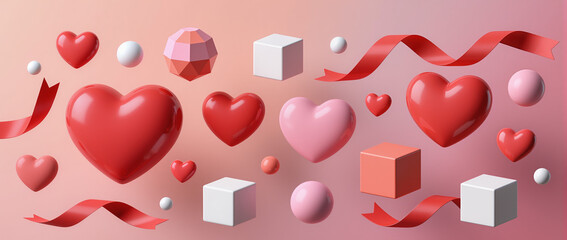 Floating 3D hearts in red and blush with ribbons and golden confetti over a soft cream-pink gradient. Minimal, modern, and perfect for Valentine&rsquo;s Day campaigns.
