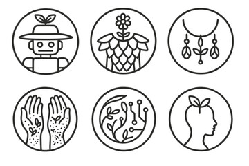 Plant-Powered Fashion Icons. Line style circular vector icons of plant-powered fashion: leafy hat robot, flower armor, glowing